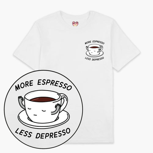 Mehr Espresso, weniger Depresso, besticktes T-Shirt (Unisex)