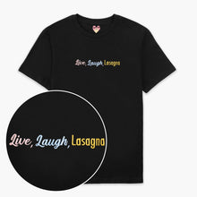 Laden Sie das Bild in den Galerie-Viewer, Live Laugh Lasagna Embroidered T-Shirt (Unisex)-Embroidered Clothing, Embroidered T Shirt, EP01-Sassy Spud