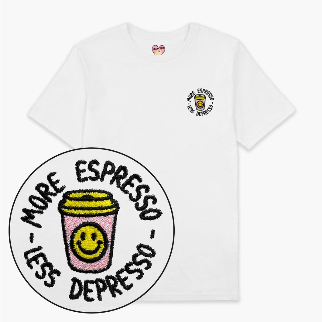 More Espresso Less Depresso Embroidered T-Shirt (Unisex)-Embroidered Clothing, Embroidered T Shirt, EP01-Sassy Spud